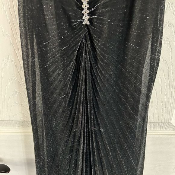 Thea Dora Halter Evening Gown, Black Shimmer Rhinestone Pleated Whimsigoth Sz 10 - Picture 2 of 15